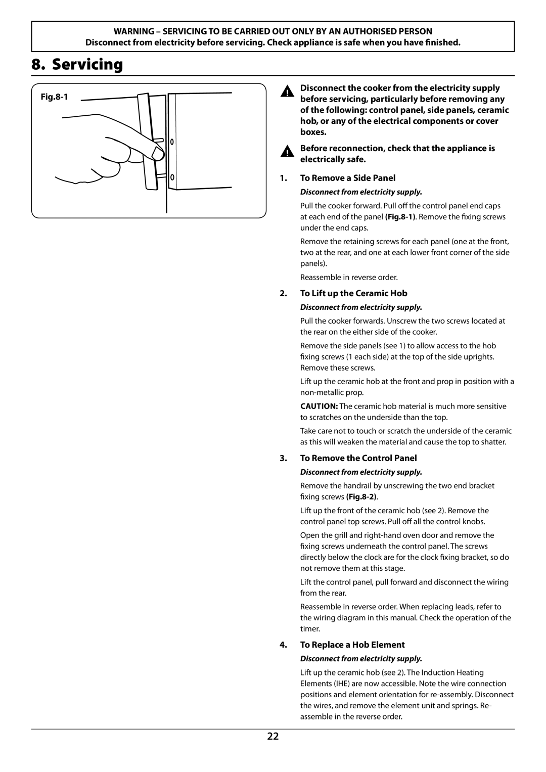 Rangemaster U109976 - 02 Servicing, To Lift up the Ceramic Hob, To Remove the Control Panel, To Replace a Hob Element 