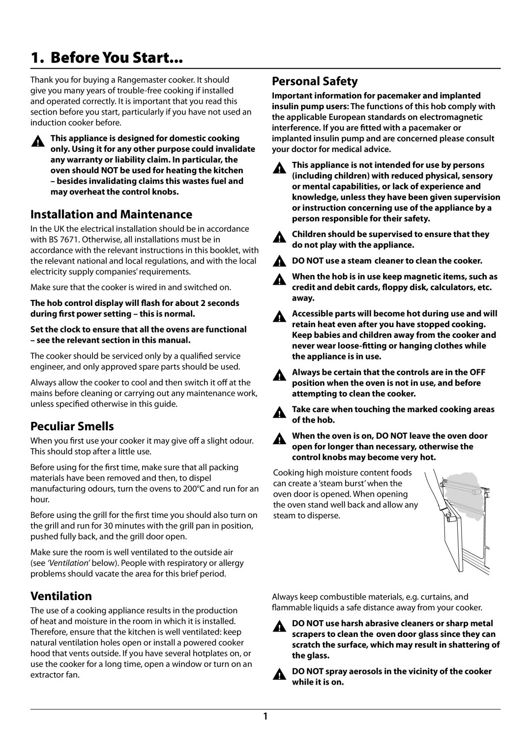Rangemaster U109976 - 02 Before You Start, Installation and Maintenance, Peculiar Smells, Ventilation, Personal Safety 
