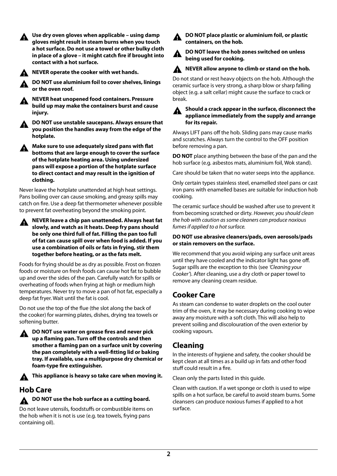 Rangemaster U109976 - 02 manual Hob Care, Cooker Care, Cleaning,  do not use the hob surface as a cutting board 