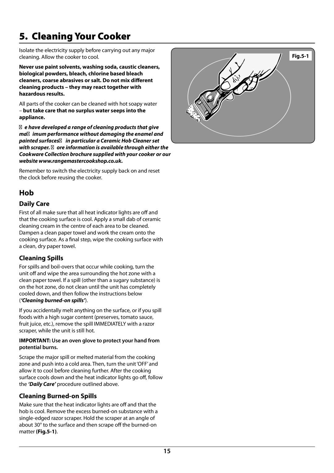 Rangemaster U109987 - 01 manual Cleaning Your Cooker, Daily Care, Cleaning Spills, Cleaning Burned-on Spills 