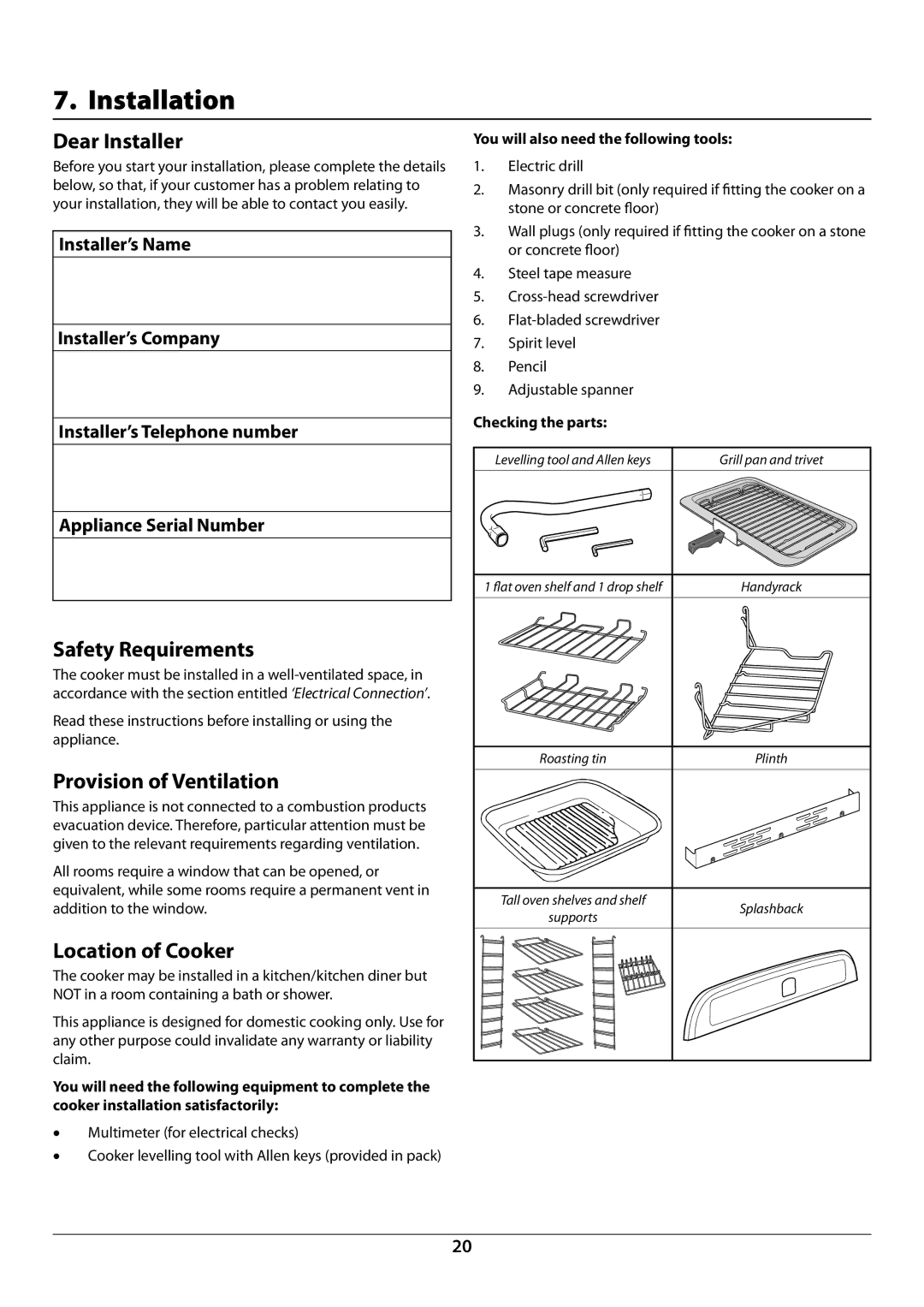 Rangemaster U109987 - 01 Installation, Dear Installer, Safety Requirements, Provision of Ventilation, Location of Cooker 