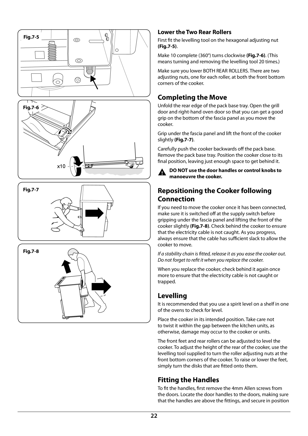 Rangemaster U109987 - 01 manual Completing the Move, Repositioning the Cooker following Connection, Levelling 