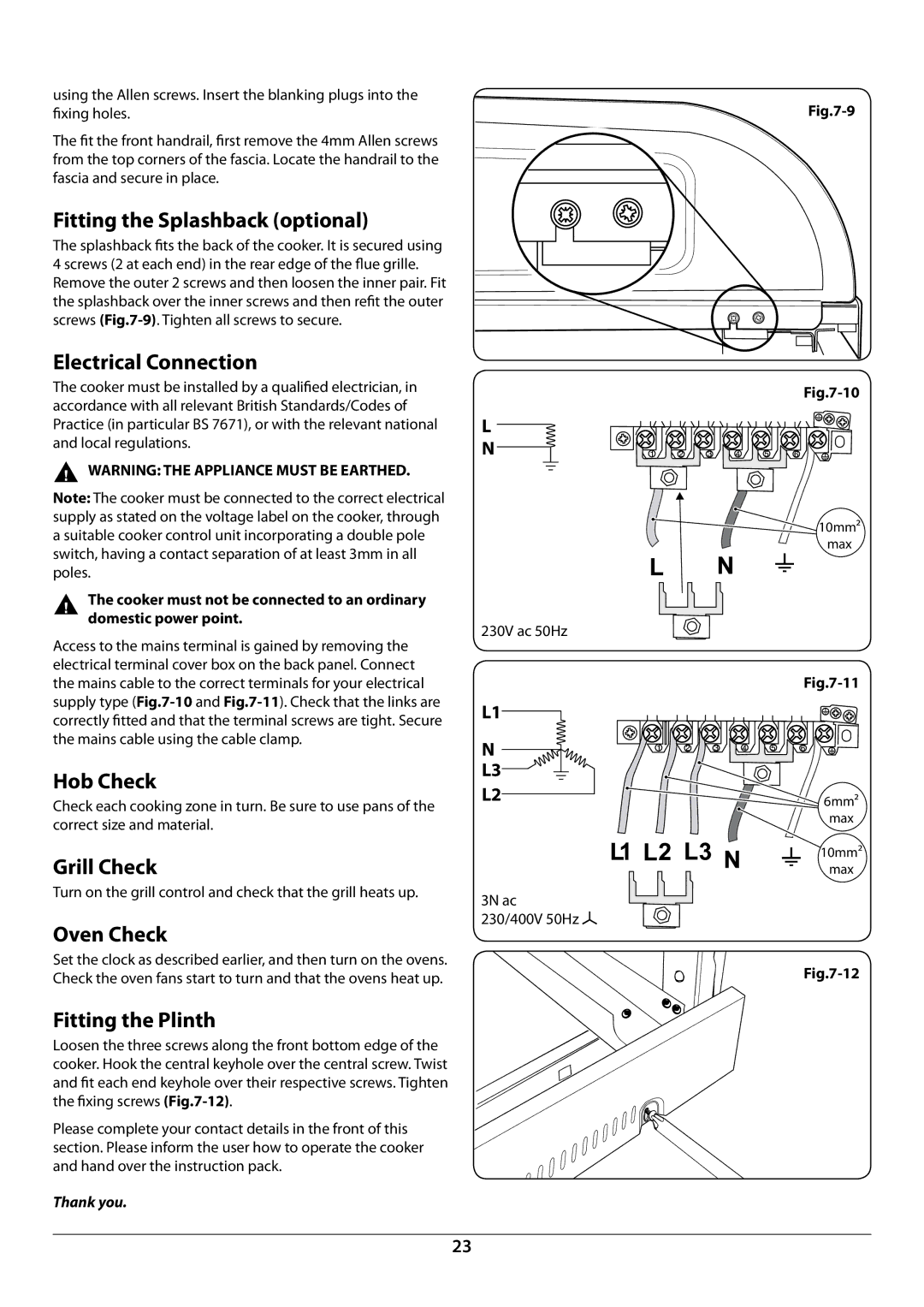 Rangemaster U109987 - 01 manual Fitting the Splashback optional, Electrical Connection, Hob Check, Grill Check, Oven Check 