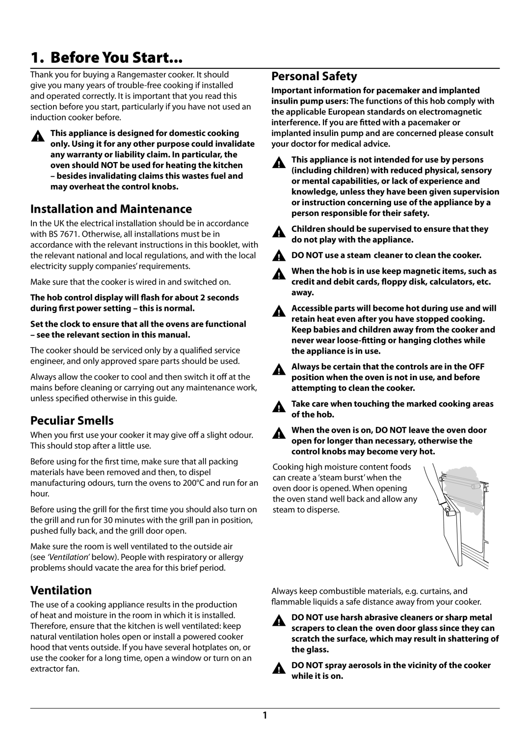 Rangemaster U109987 - 01 Before You Start, Installation and Maintenance, Peculiar Smells, Ventilation, Personal Safety 