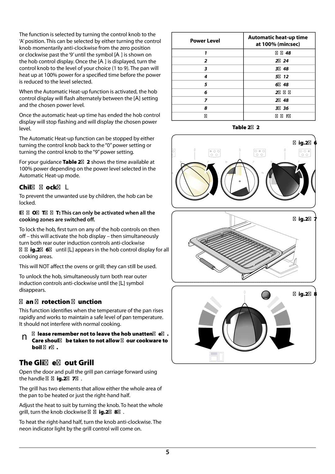 Rangemaster U109987 - 01 manual Glide-out Grill, Child Lock, L, Pan Protection Function, 0Fig.2-8 