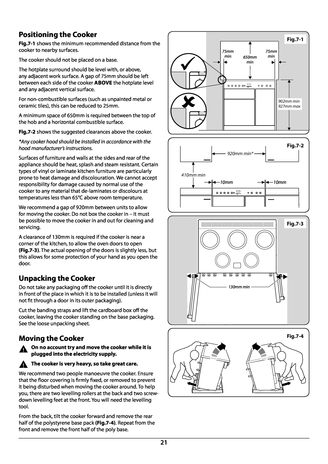 Rangemaster U109987 - 01 manual Positioning the Cooker, Unpacking the Cooker, Moving the Cooker 