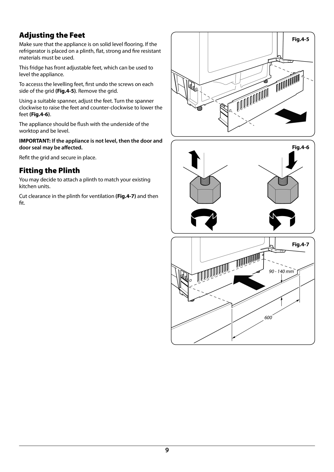 Rangemaster U110120 - 01A manual Adjusting the Feet, Fitting the Plinth, Refit the grid and secure in place 