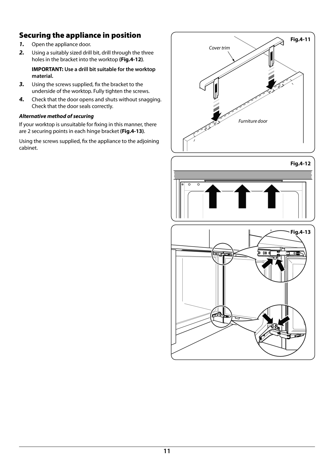 Rangemaster U110120 - 01A Securing the appliance in position, Open the appliance door, Alternative method of securing 