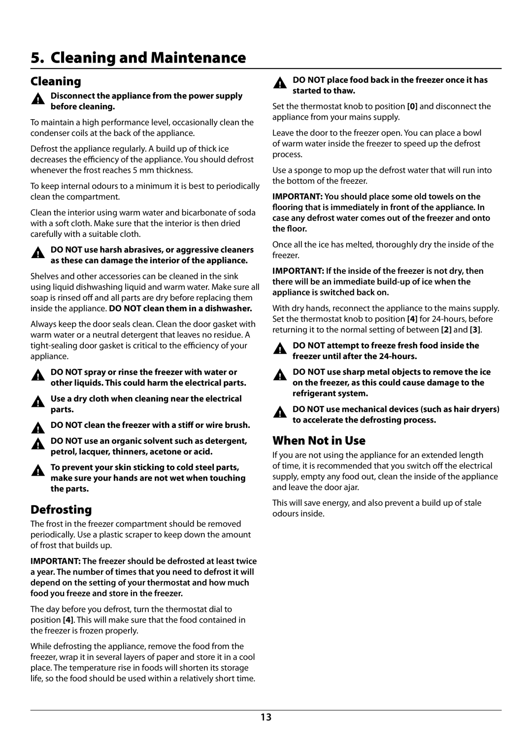 Rangemaster U110120 - 01A manual Cleaning and Maintenance, Defrosting, When Not in Use 