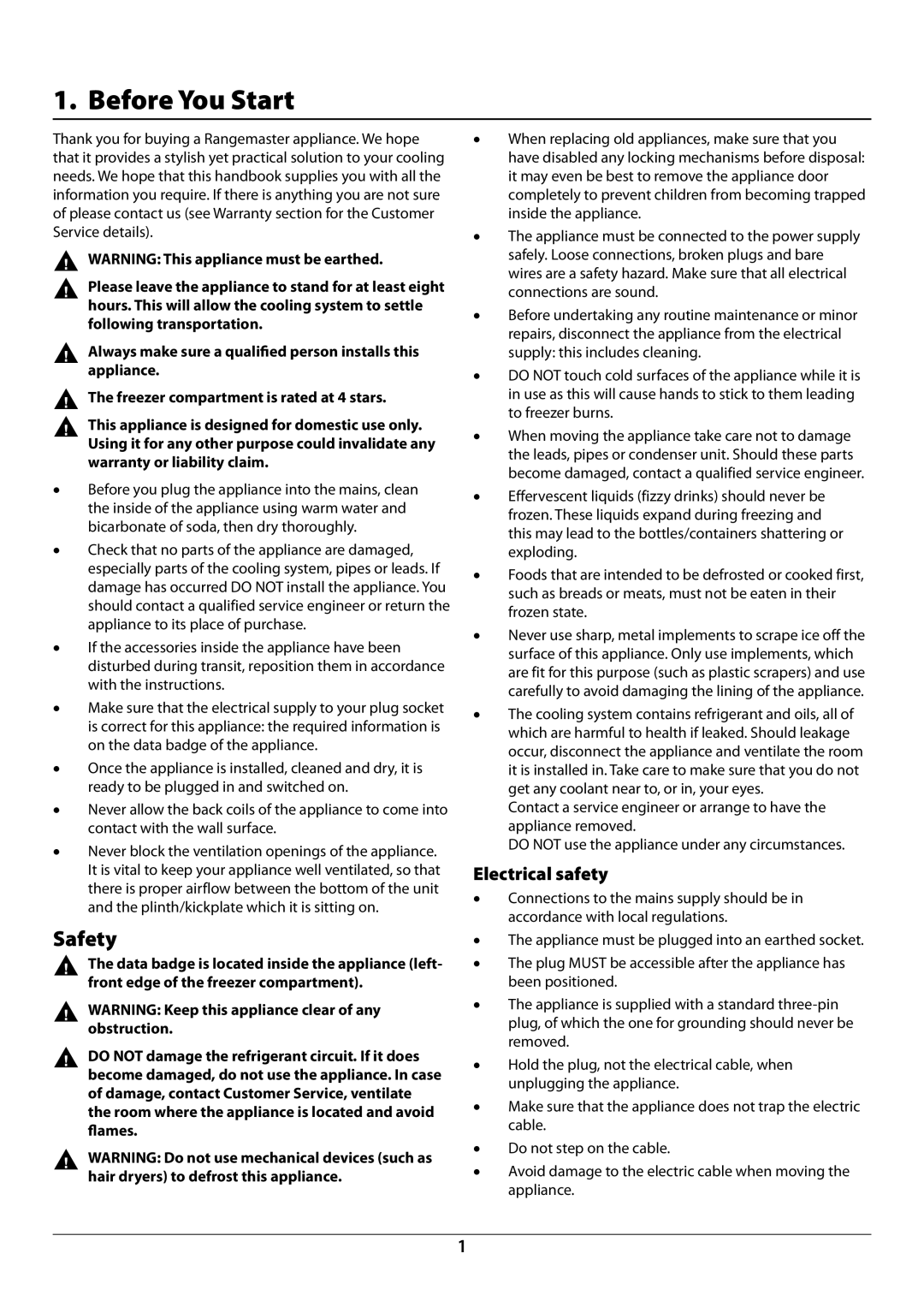 Rangemaster U110120 - 01A manual Before You Start, Safety, Electrical safety 