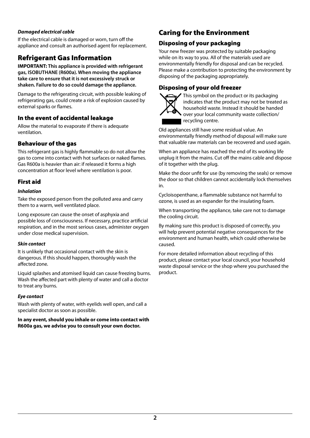 Rangemaster U110120 - 01A manual Refrigerant Gas Information, Caring for the Environment 