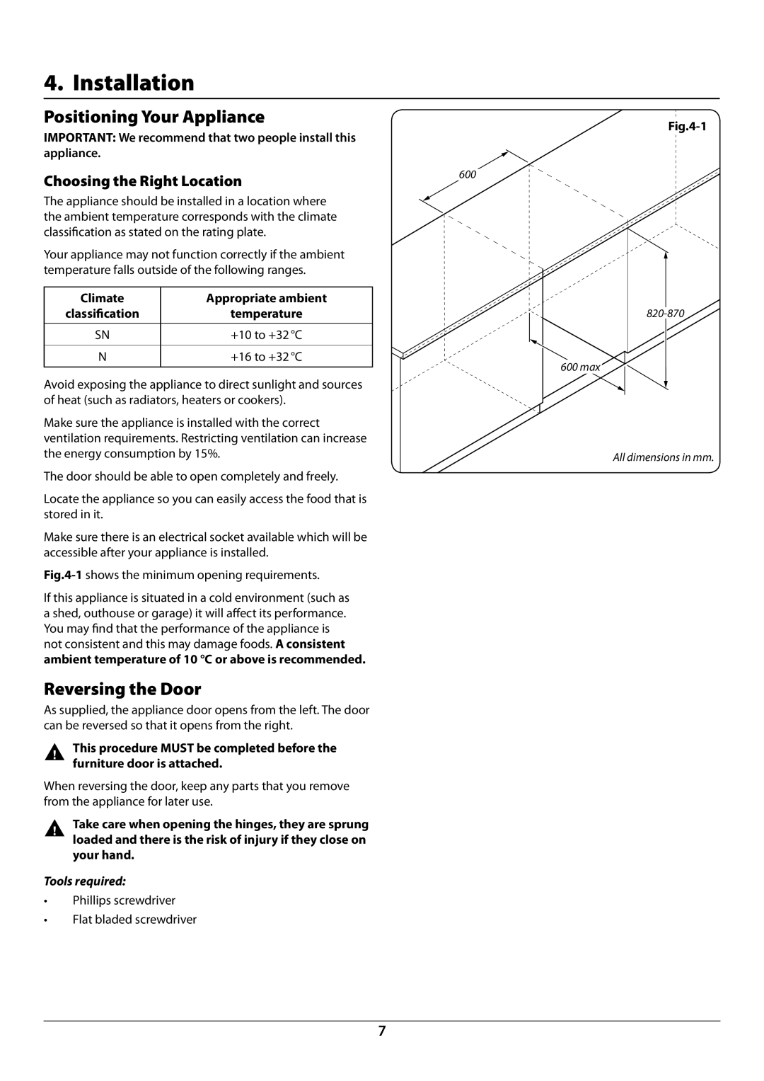 Rangemaster U110120 - 01A manual Installation, Positioning Your Appliance, Reversing the Door, Choosing the Right Location 