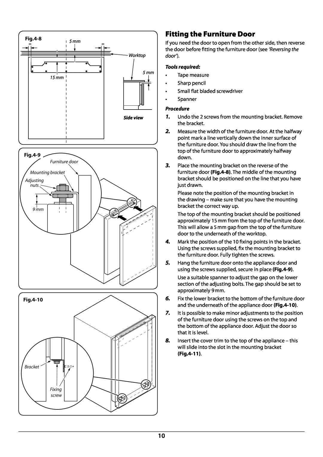 Rangemaster U110120 - 01A Fitting the Furniture Door, 8, the door before fitting the furniture door see ‘Reversing the, 9 