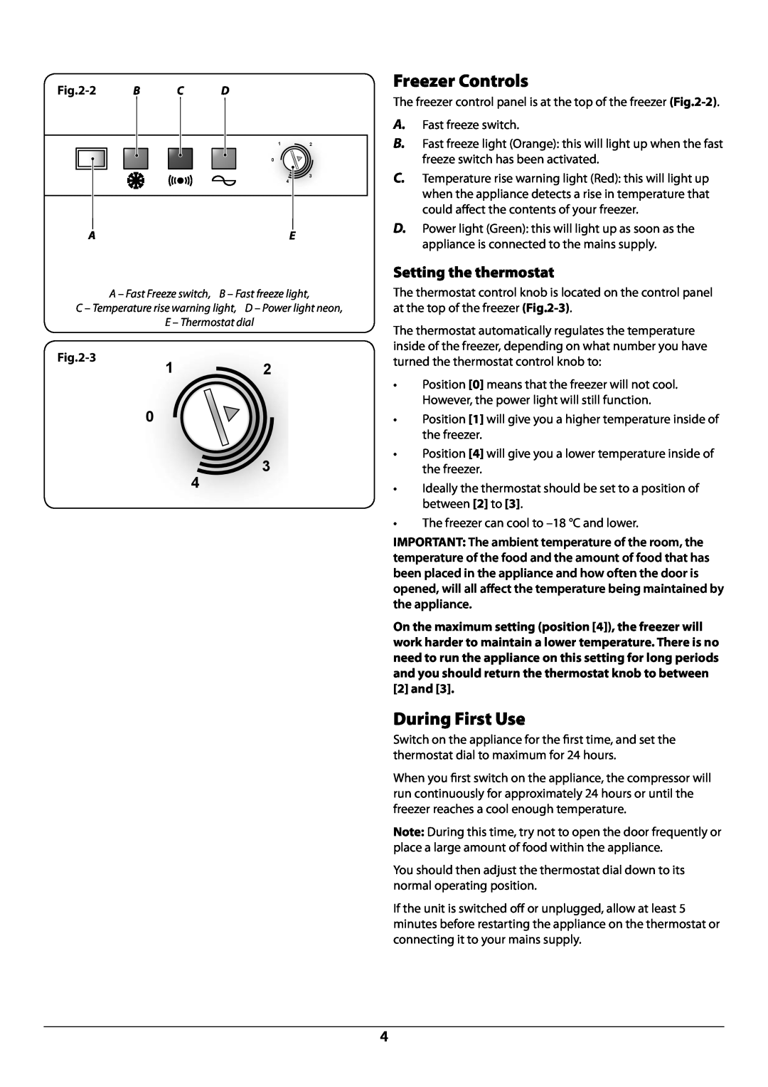 Rangemaster U110120 - 01A manual Freezer Controls, During First Use, Setting the thermostat, 3 