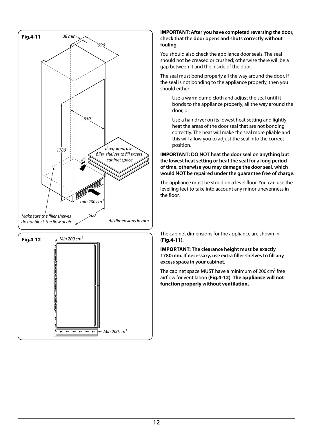 Rangemaster U110121 - 01A manual Fitting into a cabinet unit, Cabinet dimensions and ventilation requirements 