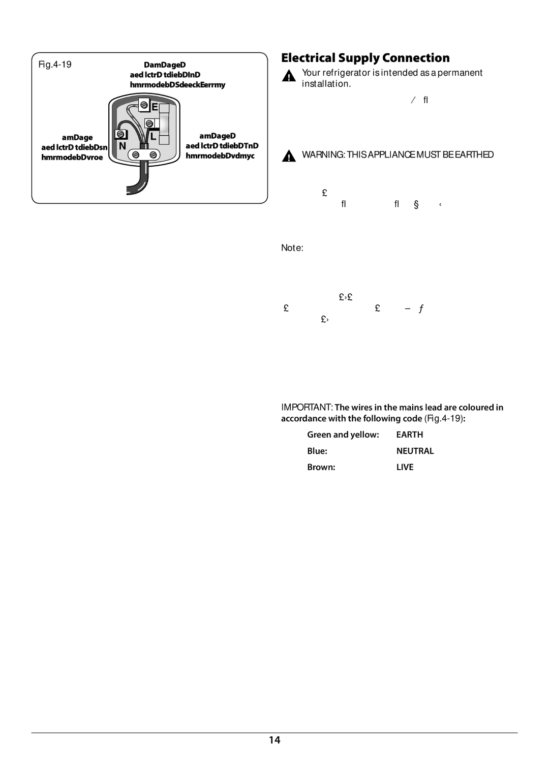 Rangemaster U110121 - 01A manual Electrical supply connection, Neutral to the terminal marked N, coloured Blue 