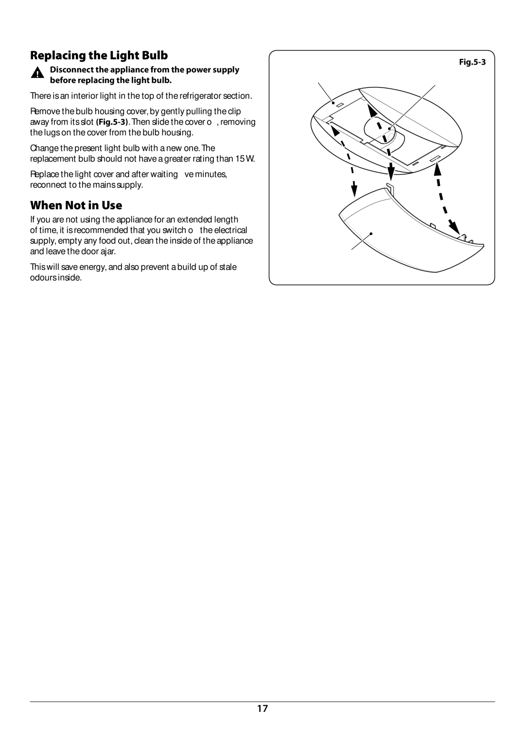 Rangemaster U110121 - 01A manual Replacing the light Bulb, When not in use 