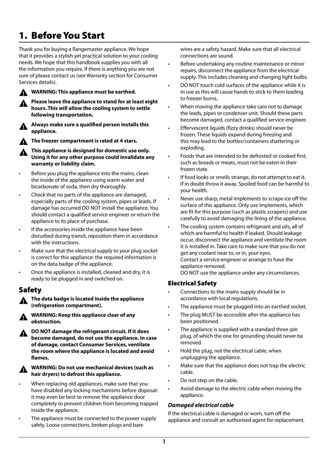 Rangemaster U110121 - 01A manual Before You start, Safety, Electrical safety, Damaged electrical cable 