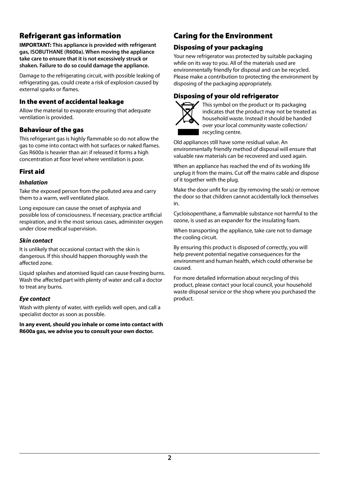 Rangemaster U110121 - 01A manual Refrigerant gas information, Caring for the environment 