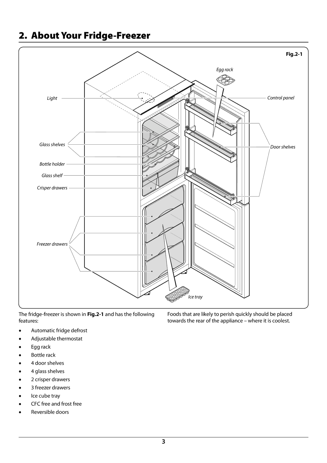 Rangemaster U110121 - 01A manual About Your Fridge-Freezer, Control panel Door shelves Ice tray 