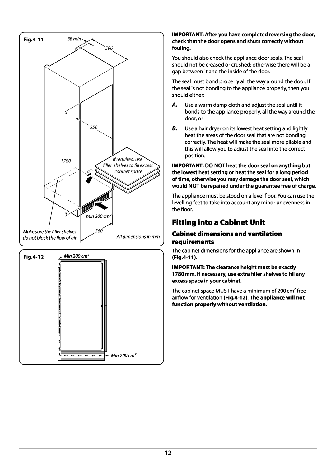 Rangemaster U110121 - 01A manual Fitting into a cabinet unit, cabinet dimensions and ventilation requirements 