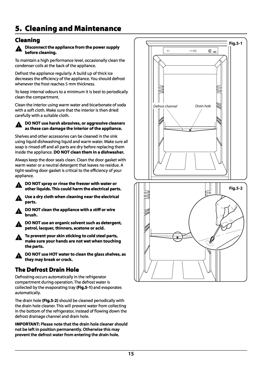 Rangemaster U110121 - 01A cleaning and Maintenance, the Defrost Drain Hole, Disconnect the appliance from the power supply 