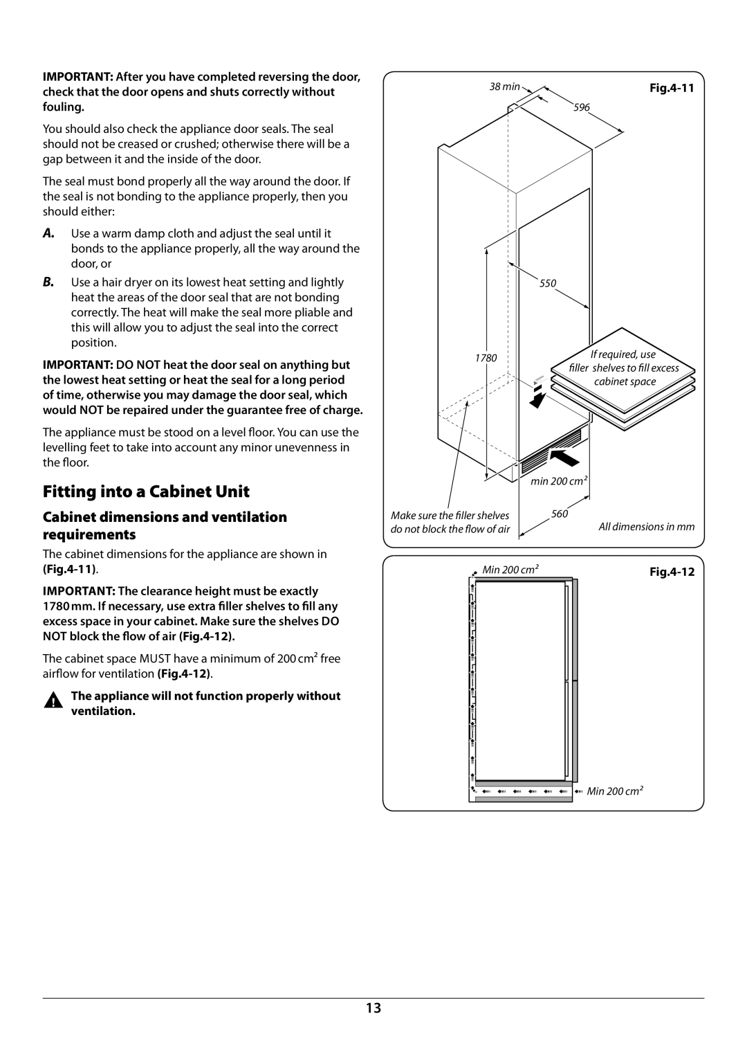 Rangemaster U110122-01B manual Fitting into a Cabinet Unit, Cabinet dimensions and ventilation requirements 