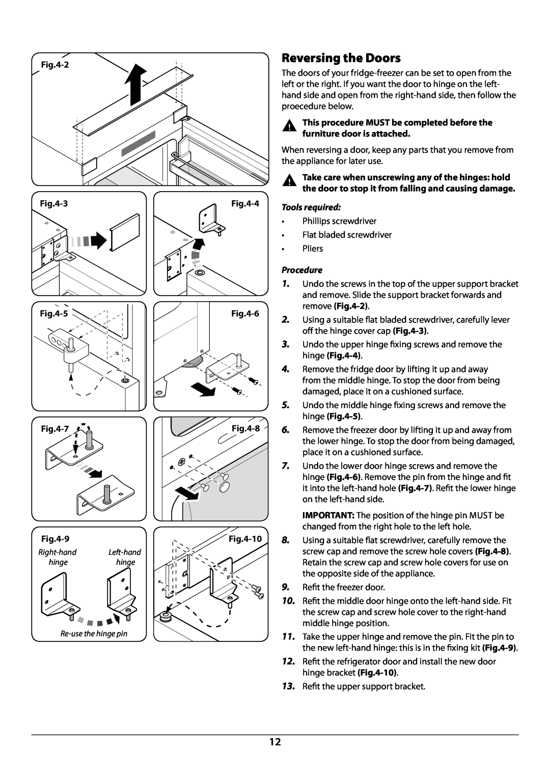 Rangemaster U110122-01B manual Reversing the Doors, 2 -3 -5 -7 -9, 4 -6 -8 -10, this procedure MUst be completed before the 