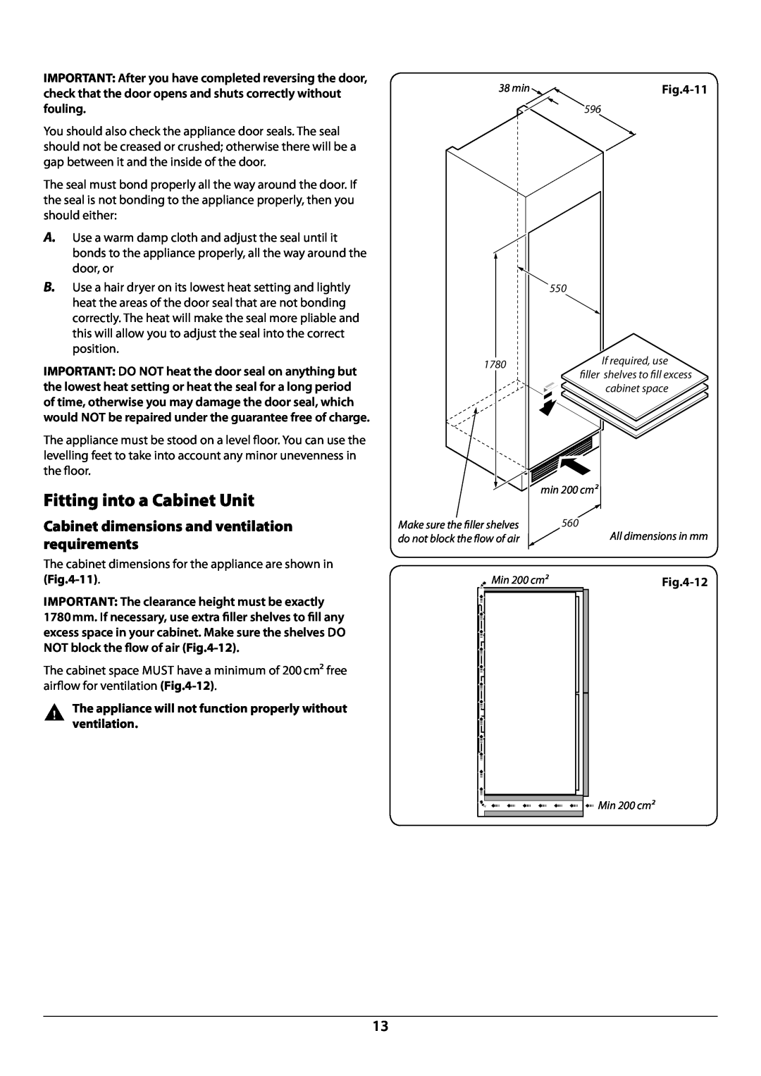 Rangemaster U110122-01B manual Fitting into a Cabinet Unit, Cabinet dimensions and ventilation requirements 