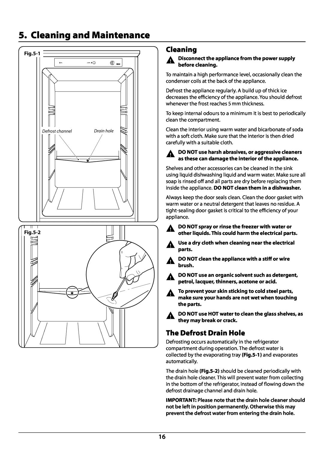 Rangemaster U110122-01B Cleaning and Maintenance, The Defrost Drain Hole, Disconnect the appliance from the power supply 