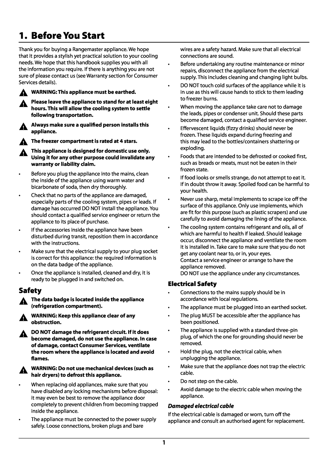Rangemaster U110122-01B manual Before You Start, Electrical Safety, Damaged electrical cable 