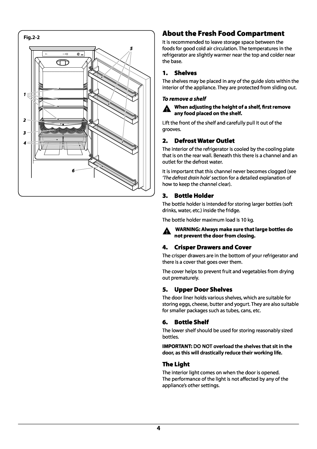 Rangemaster U110122-01B About the Fresh Food Compartment, Defrost Water Outlet, Bottle Holder, Upper Door Shelves 