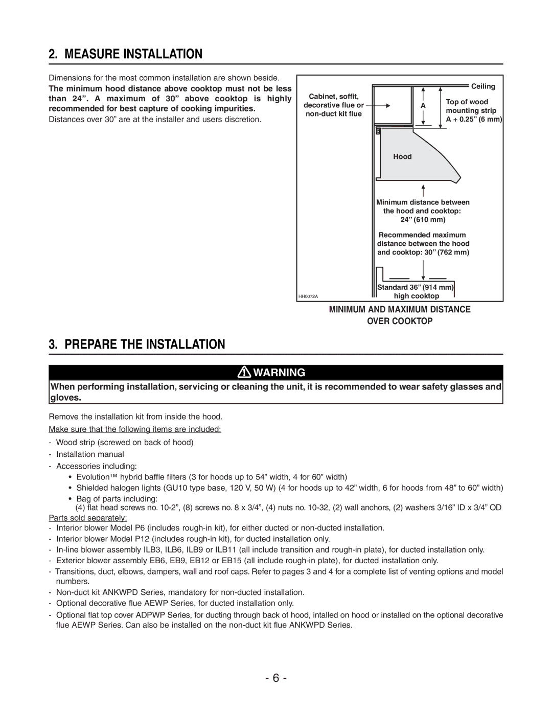 Rangemaster WP29M installation instructions Measure Installation, Prepare the Installation 