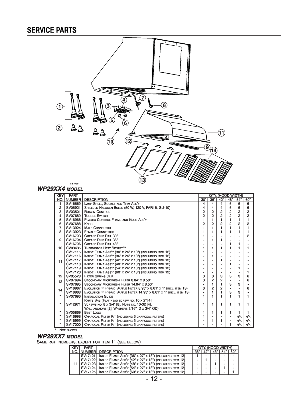 Rangemaster WP29M installation instructions Service Parts, WP29XX4 MODEL, WP29XX7 MODEL 