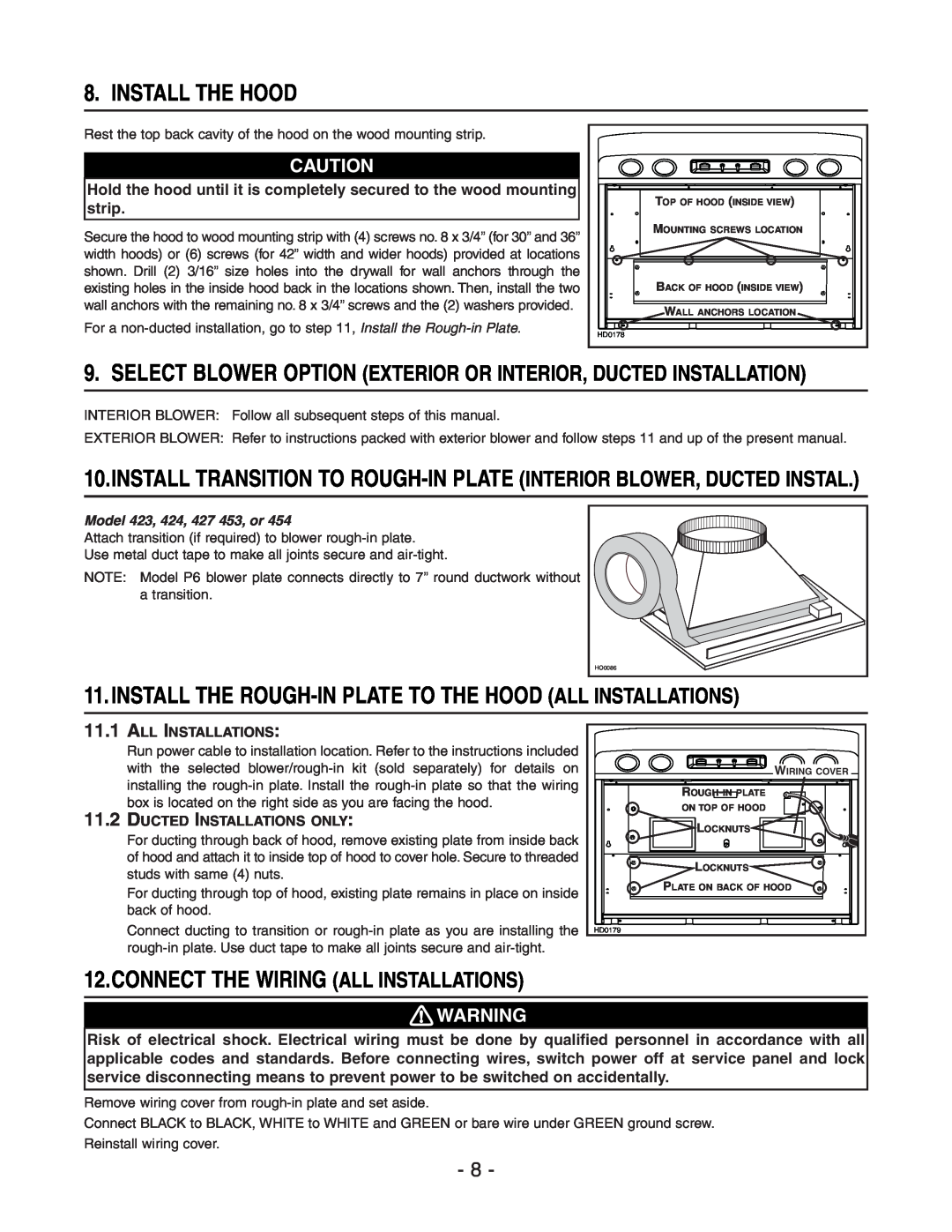 Rangemaster WP29M installation instructions Install The Hood, Install The Rough-In Plate To The Hood All Installations 