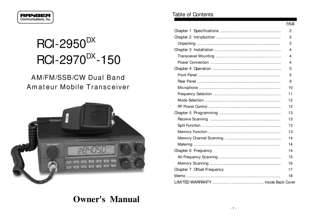 Ranger RCI-2970DX-50 owner manual RCI-2950DX RCI-2970DX-150, Table of Contents 