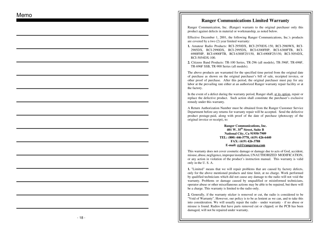 Ranger RCI-2970DX-50, RCI-2950DX owner manual Memo, Ranger Communications Limited Warranty 