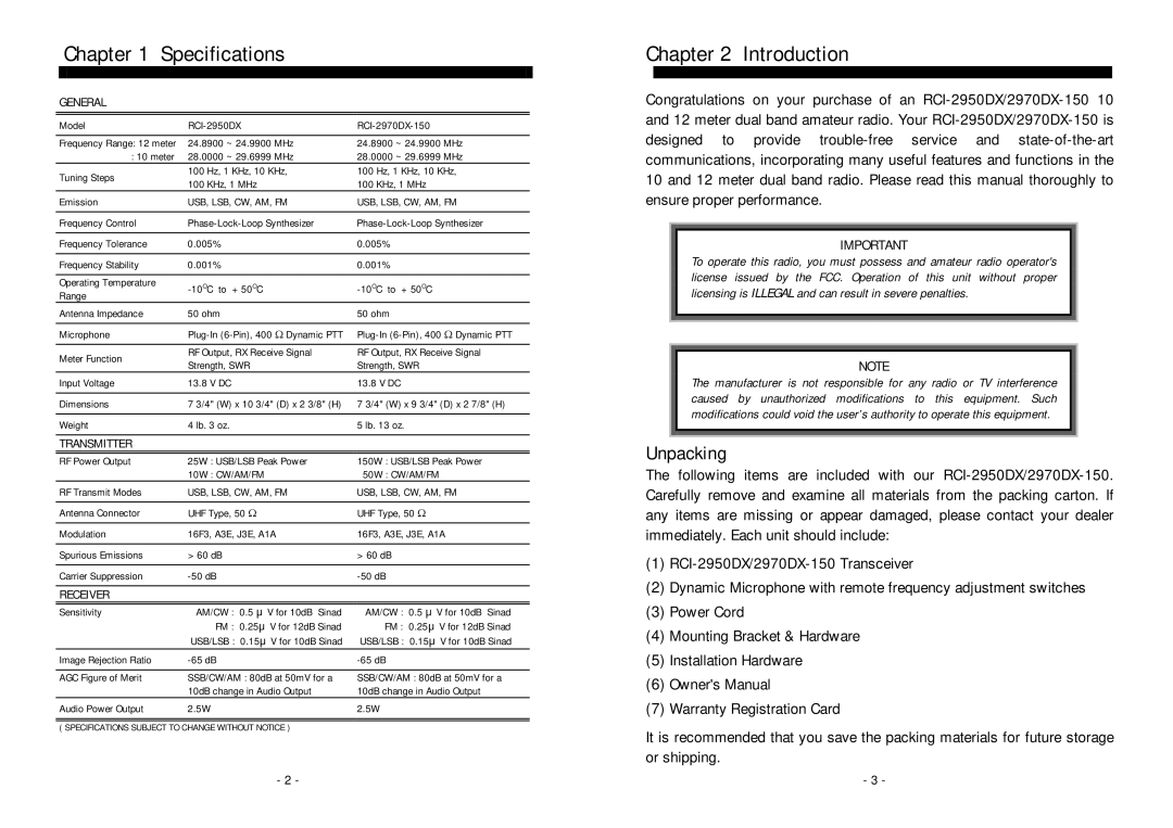 Ranger RCI-2970DX-50, RCI-2950DX owner manual Specifications, Introduction, Unpacking 