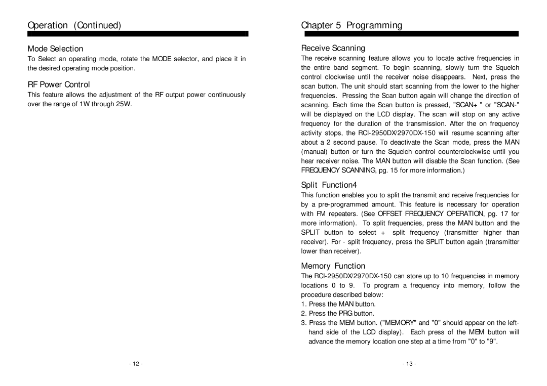 Ranger RCI-2950DX, RCI-2970DX-50 owner manual Programming 