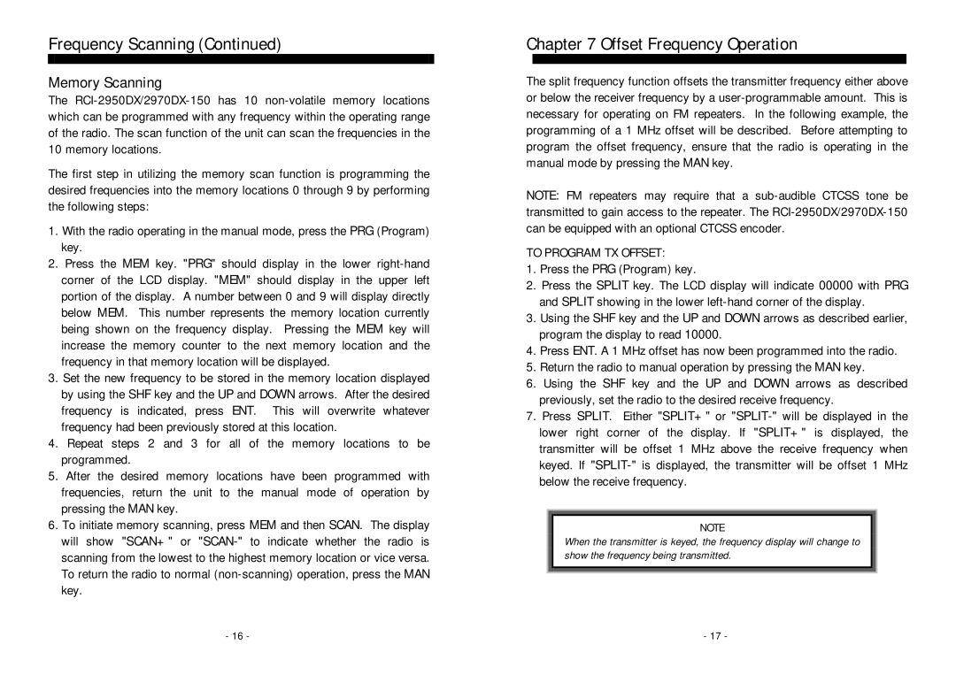 Ranger RCI-2950DX, RCI-2970DX-50 owner manual Offset Frequency Operation, Memory Scanning 