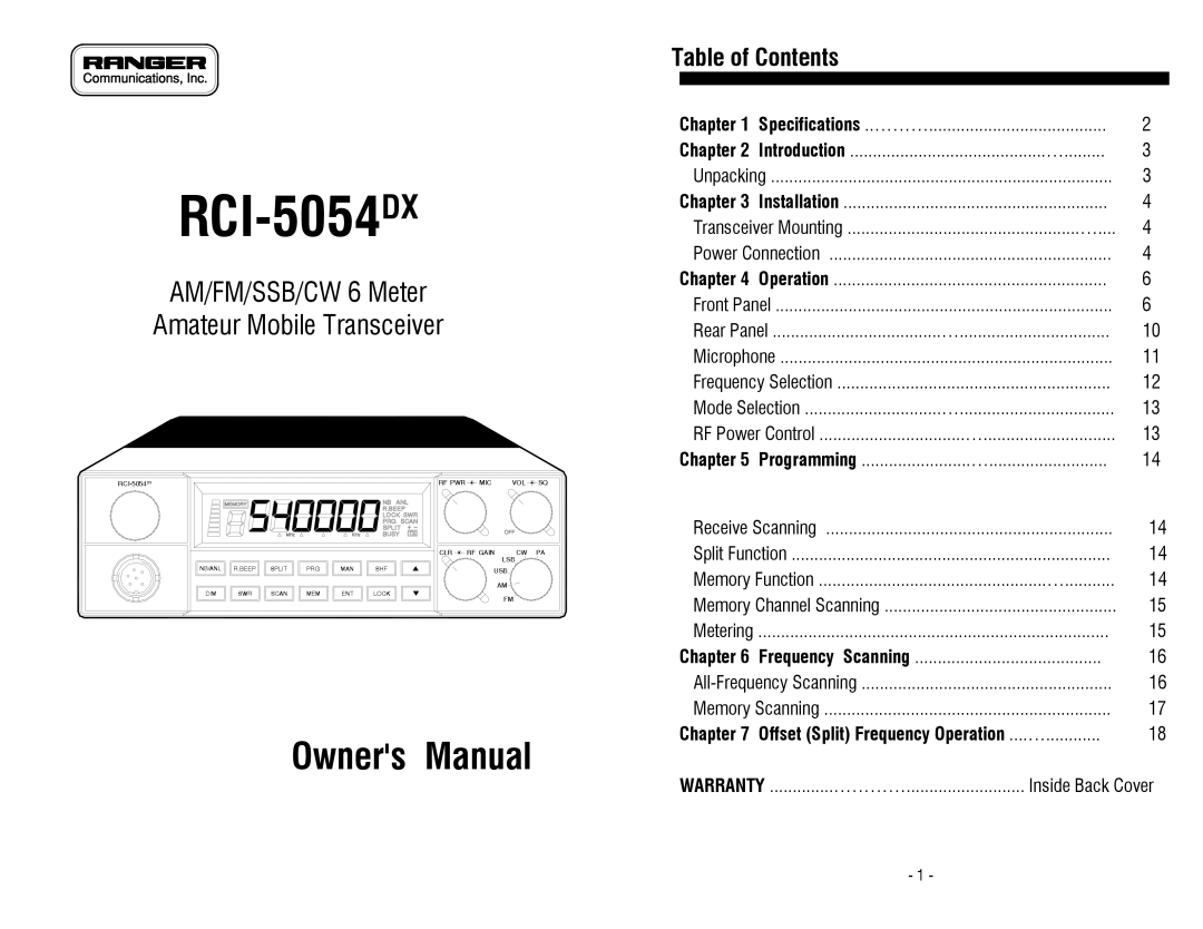 Ranger RCI-5054DX owner manual Table of Contents 