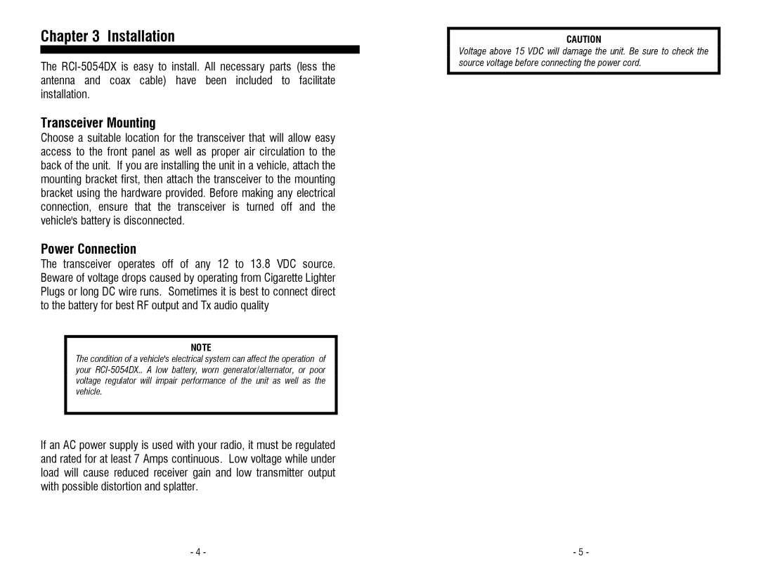 Ranger RCI-5054DX owner manual Installation, Transceiver Mounting, Power Connection 