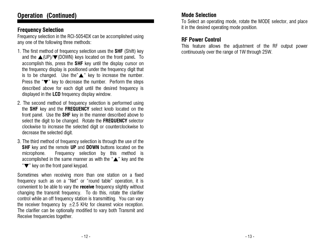 Ranger RCI-5054DX owner manual Frequency Selection, Mode Selection, RF Power Control 