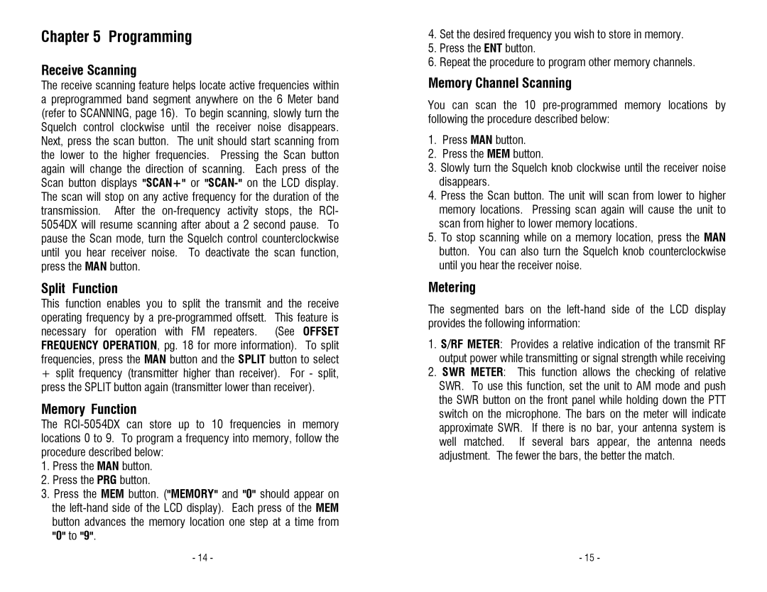 Ranger RCI-5054DX owner manual Programming 