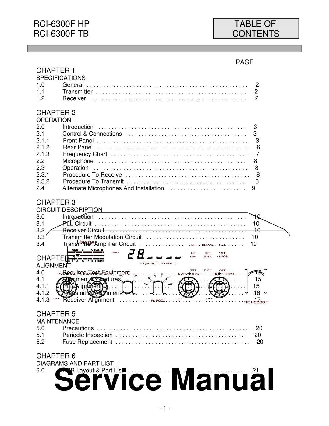 Ranger RCI-6300F HP, RCI-6300F TB service manual Table of Contents 