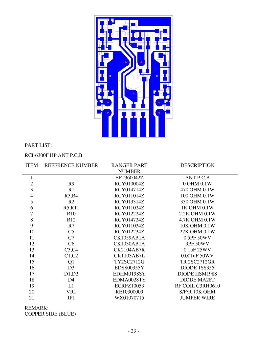 Ranger RCI-6300F HP Ant P.C.B, EDHM0198SY Diode HSM198S EDMA0028TY Diode MA28T, RF Coil C3RH0610, R 10K OHM, JP1 