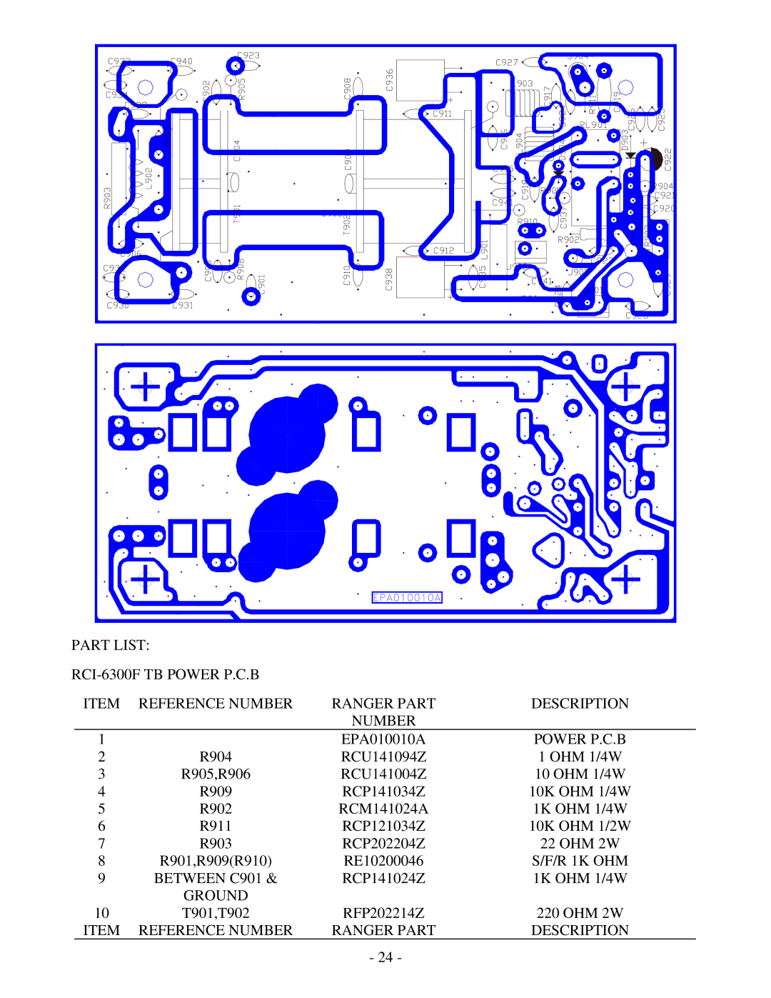 Ranger RCI-6300F TB, RCI-6300F HP Power P.C.B, R 1K OHM Between C901, Ground, Reference Number Ranger Part Description 