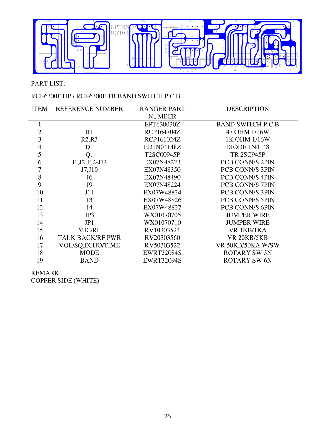 Ranger RCI-6300F TB Band Switch P.C.B, JP3, Mic/Rf, VR 1KB/1KA, Talk BACK/RF PWR, VR 20KB/5KB, Vol/Sq,Echo/Time, Mode 