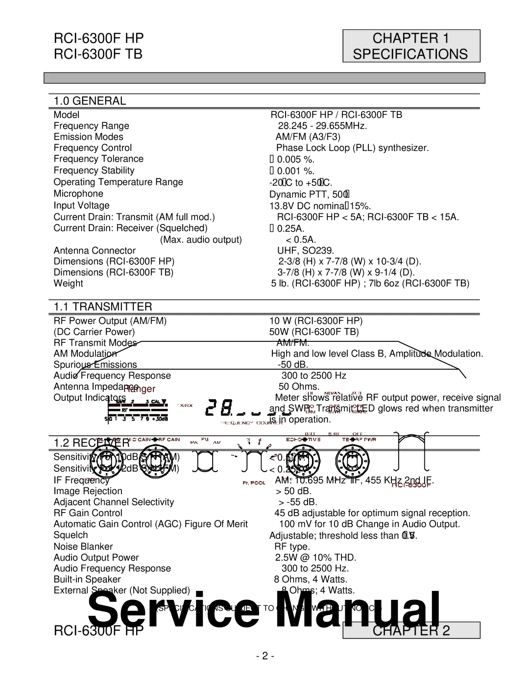 Ranger RCI-6300F TB, RCI-6300F HP service manual Chapter Specifications 