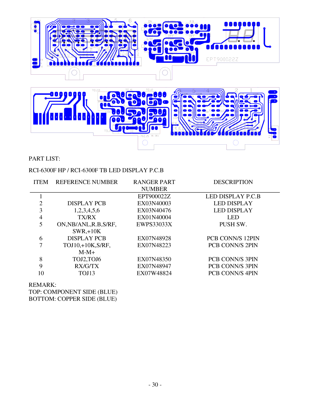 Ranger RCI-6300F TB LED Display P.C.B, Display PCB, Tx/Rx, Led, On,Nb/Anl,R.B,S/Rf, Push SW, TOJ2,TOJ6, Rx/G/Tx, TOJ13 